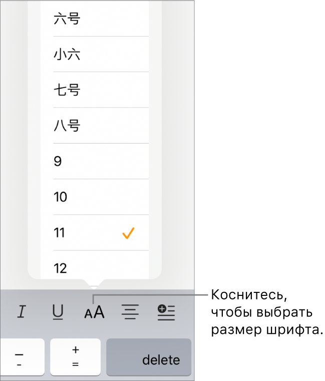 Кнопка «Размер шрифта» справа на клавиатуре iPad. Открыто меню выбора размера шрифта. Размеры шрифта в соответствии с государственным стандартом континентального Китая отображаются вверху меню, а под ними отображаются размеры точки.