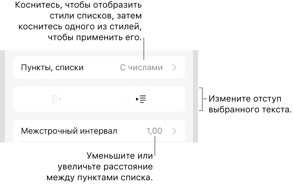 Раздел «Пункты и списки» в окне «Формат». Выноски показывают раздел «Пункты и списки», кнопки выступа и отступа, а также элементы управления межстрочным интервалом.