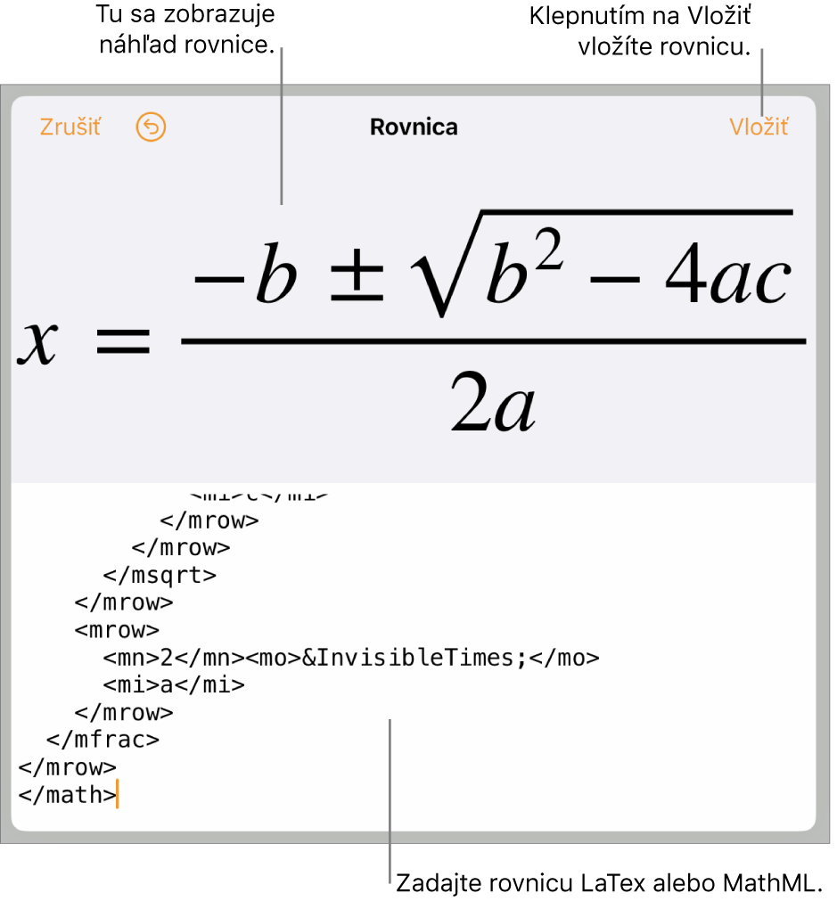 Dialógové okno Rovnica zobrazujúce rovnicu napísanú pomocou príkazov MathML, vyššie sa nachádza náhľad vzorca.