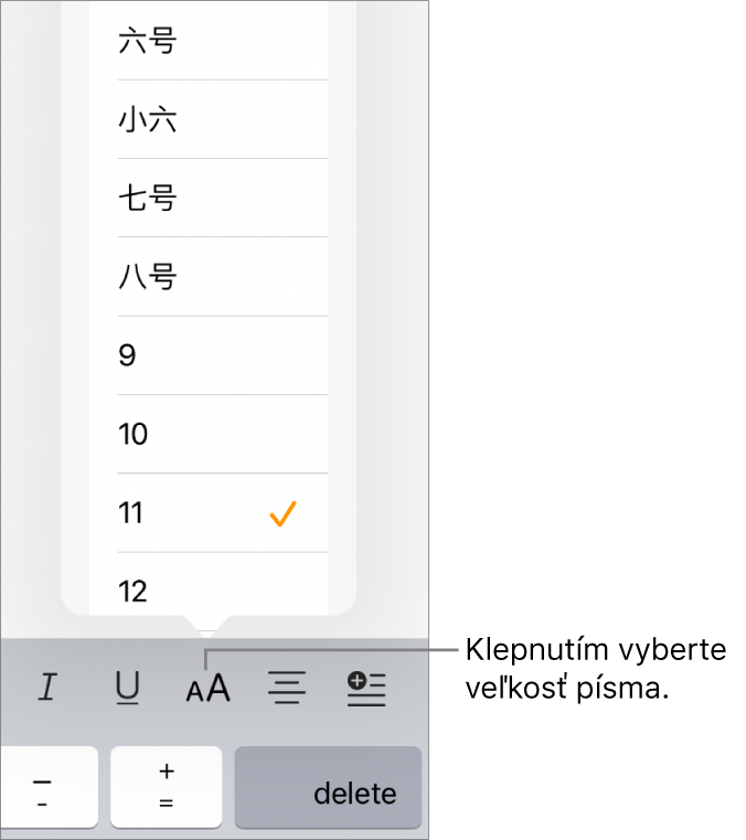Tlačidlo Veľkosť písma na pravej strane klávesnice iPadu s otvoreným menu Veľkosť písma. Štandardné veľkosti písma čínskej vlády sa zobrazia v hornej časti menu a veľkosti v bodoch sa zobrazia pod nimi.