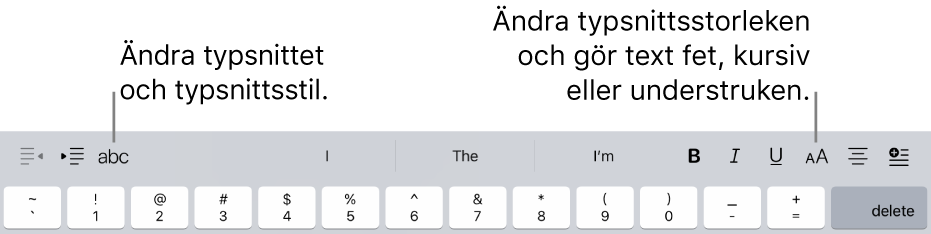 Textformateringsknapparna ovanför tangentbordet med knappar (från vänster till höger) för indrag, typsnitt, tre fält med föreslagen text, typsnittsstorlek, justering samt infogning.