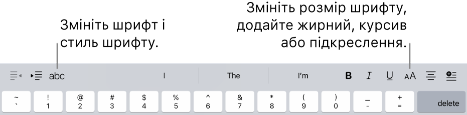 Кнопки форматування тексту над клавіатурою зліва направо: відступ, шрифт, три поля завбачливого вводу тексту, розмір шрифту, вирівнювання та вставлення.