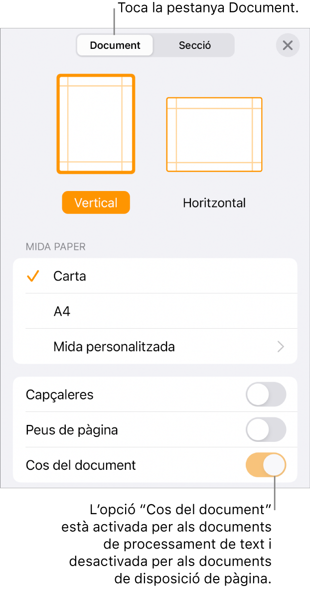 Els controls de “Format del document” amb l’opció “Cos del document” activada cap a la part inferior de la pantalla.
