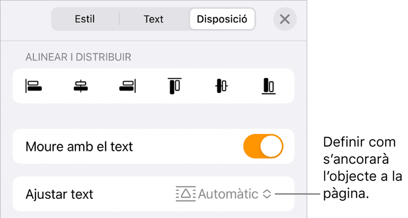 Els controls Disposició, amb “Moure amb text” i “Ajustar text”.