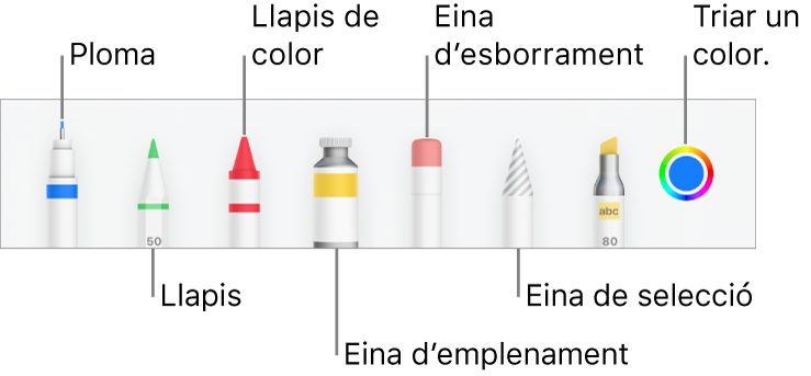 La barra d’eines de dibuix al Pages de l'iPhone, amb una ploma, un llapis, un llapis de colors, l’eina d’emplenament, l’eina d’esborrament, l’eina de selecció i la paleta de colors que mostra el color actual.