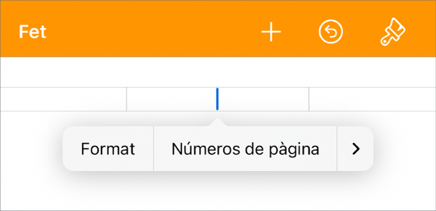 La finestra “Configuració del document” amb el punt d’inserció en un camp de capçalera i un menú desplegable amb dos ítems de menú: Les opcions “Números de pàgina” i Inserir.