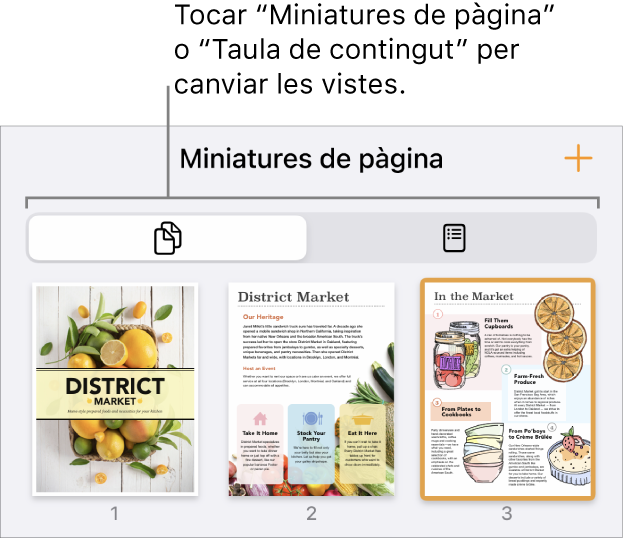 Vista “Miniatures de pàgina” amb imatges de les miniatures de cada pàgina. Els botons “Miniatures de pàgina” i “Taula de contingut” a la part inferior de la pantalla.