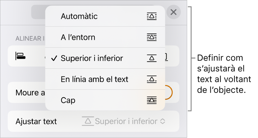 Els controls de l’opció “Ajustar text”, amb les opcions Automàtic, “A l’entorn”, “Superior i inferior”, “En línia amb el text” i Cap.