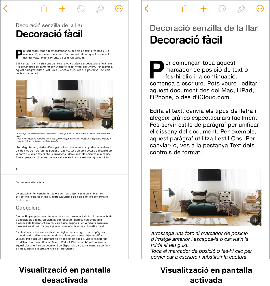 Dues visualitzacions del mateix document del Pages; una amb la visualització en pantalla activada i l’altra amb la visualització en pantalla desactivada.