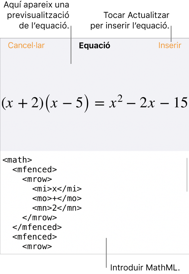 El quadre de diàleg Equació amb una equació escrita amb les ordres MathML i una previsualització de la fórmula al damunt.