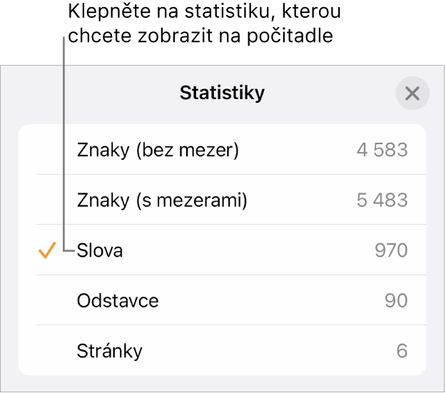 Nabídka Statistiky ukazující volby pro zobrazení počtu znaků bez mezer a s mezerami, počet slov, počet odstavců a počet stránek.