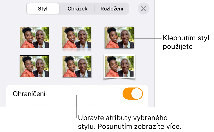 Panel Styl se styly obrázků v horní části a tlačítkem „Nastavení stylu“ dole