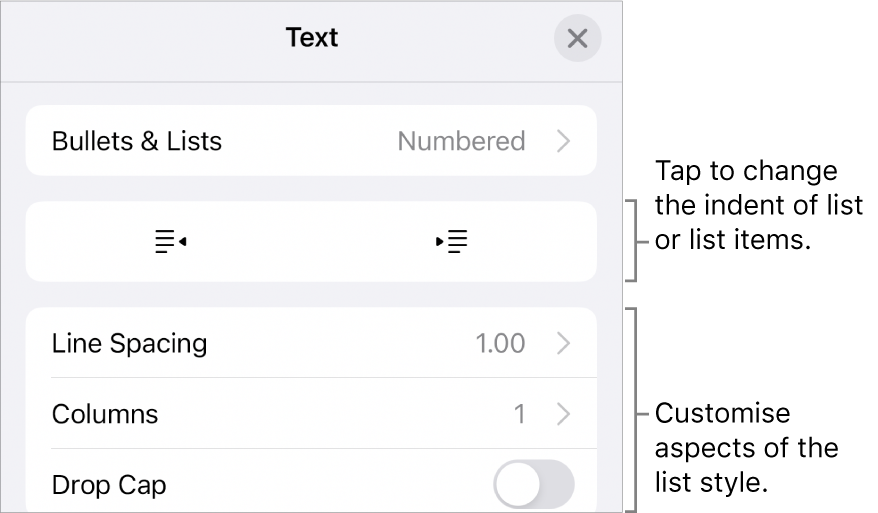 Edit List Style menu with controls for indent spacing, list type and format, tiered numbers and line spacing.