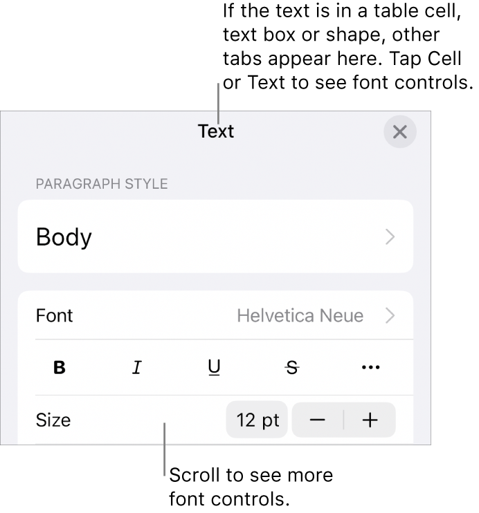 Text controls in the Format menu for setting paragraph and character styles, font, size and colour.