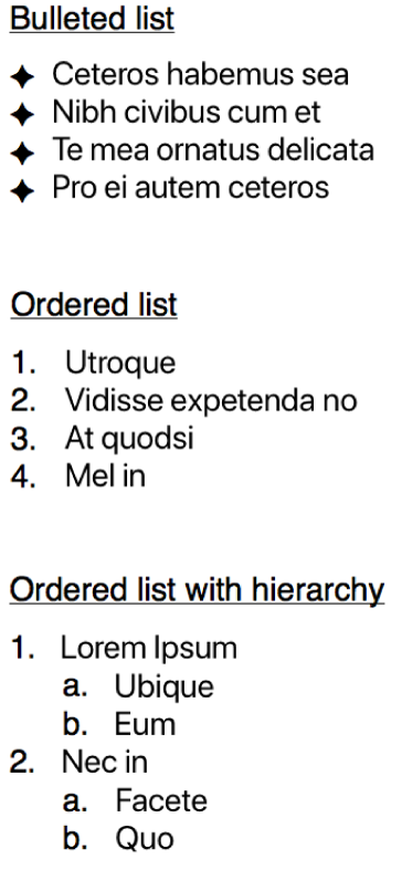 Examples of bullet, ordered and hierarchical lists.
