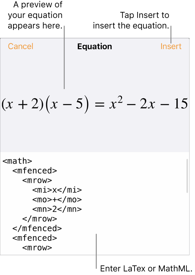 The Equation dialogue, showing an equation written using MathML commands and a preview of the formula above.