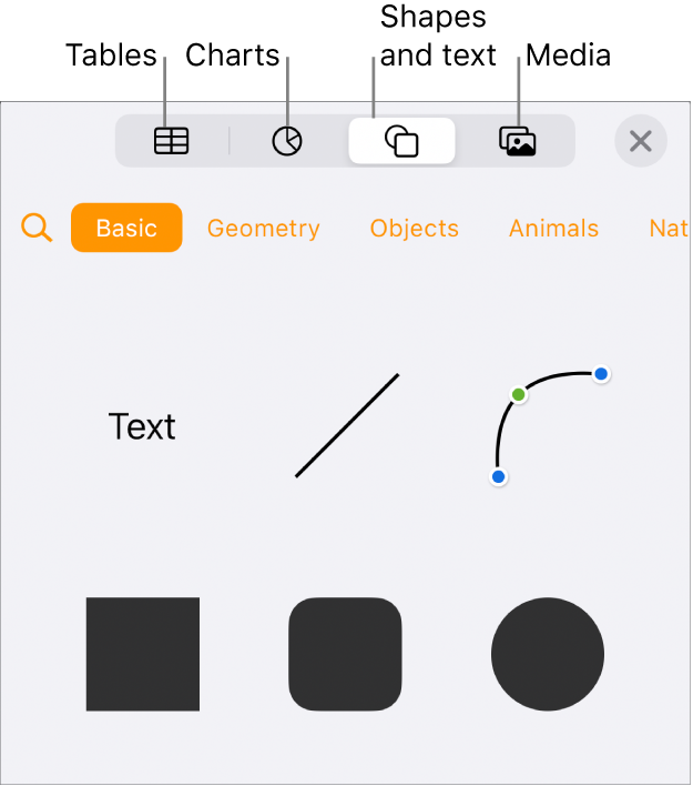 The Insert controls open with buttons for adding tables, charts, text, shapes and media at the top.