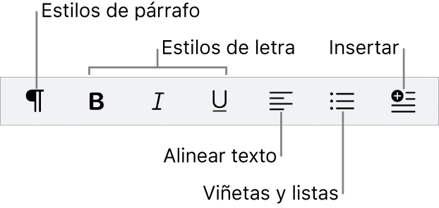 La barra de formato rápido mostrando íconos para estilos de párrafo, estilos de texto, alineación de texto, viñetas y listas, e insertando elementos.