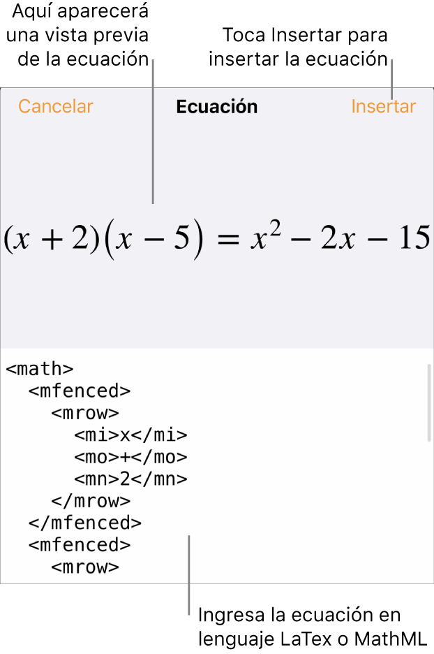 El cuadro de diálogo Ecuación con una ecuación escrita con comandos de MathML y una previsualización de la fórmula encima.