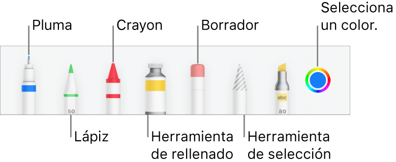 La barra de herramientas de dibujo en Pages en el iPhone con un bolígrafo, un lápiz, un crayón, la herramienta de relleno, el borrador, la herramienta de selección y la paleta de colores mostrando el color actual.