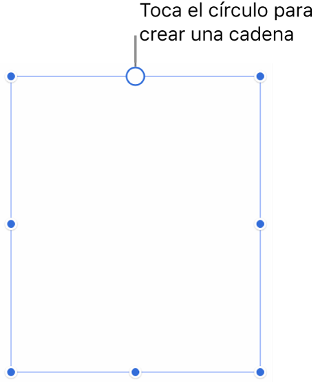 Un cuadro de texto vacío con un círculo blanco en la parte superior y manijas de redimensionamiento en las esquinas, en ambos lados y en la parte inferior.
