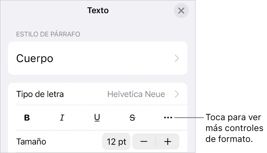 La pestaña Texto de los controles de formato, con una llamada al botón “Más opciones de texto”.