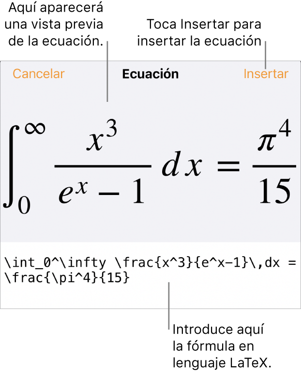El diálogo Ecuación con una ecuación escrita con comandos de LaTeX y una previsualización de la fórmula encima.