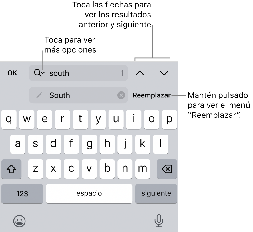 Los controles de “Buscar y reemplazar” en la parte superior del teclado con llamadas a los botones “Opciones de búsqueda”, Reemplazar, Arriba y Abajo.