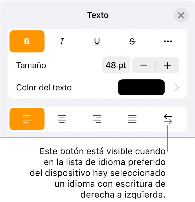 Controles de texto del menú Formato con una llamada al botón “De derecha a izquierda”.