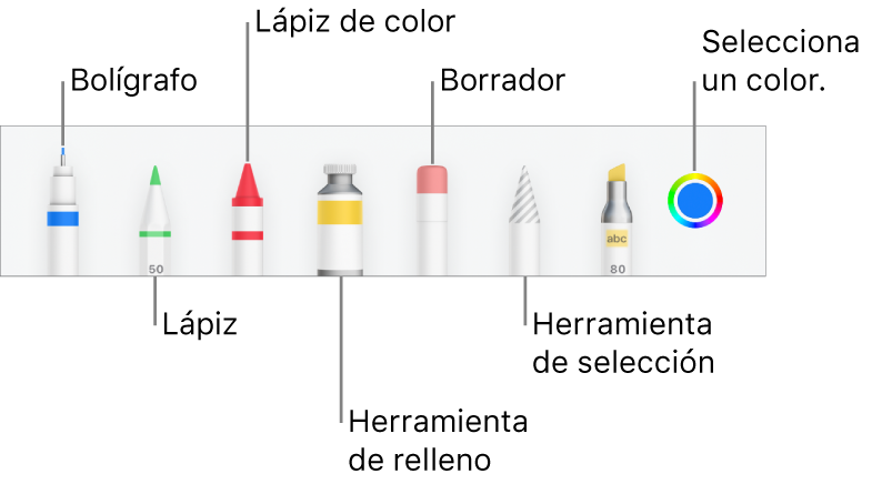 La barra de herramientas de dibujo en la app Pages del iPhone, con un bolígrafo, lápiz, lápiz de color, relleno, borrador, herramienta de selección y paleta de colores, que muestra el color actual.