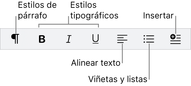 La barra de formato rápido, que muestra iconos para estilos de párrafo, estilos tipográficos, alineación de texto, viñetas y listas, e inserción de elementos.