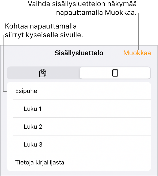 Sisällysluettelonäkymä, jossa on otsikot luettelona. Muokkaa-painike oikeassa yläkulmassa ja Sivuminiatyyri- ja Sisältöluettelopainikkeet alhaalla.