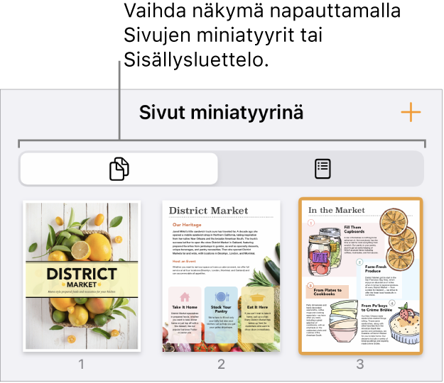Sivujen miniatyyrinäkymä, jossa on miniatyyrikuva jokaisesta sivusta. Sivuminiatyyri- ja sisällysluettelopainikkeet ovat ruudun alareunassa.