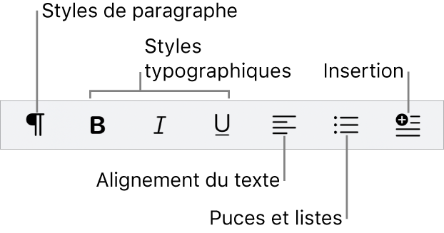 La barre des formats rapides qui présente des icônes pour les styles de paragraphes, les styles de caractères, l’alignement du texte, les puces et les listes ainsi que l’insertion d’éléments.
