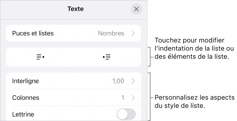 Le menu « Modifier le style de liste » avec des commandes d’espacement de l’indentation, de type et de format de liste, de numérotation progressive et d’espacement entre les lignes.