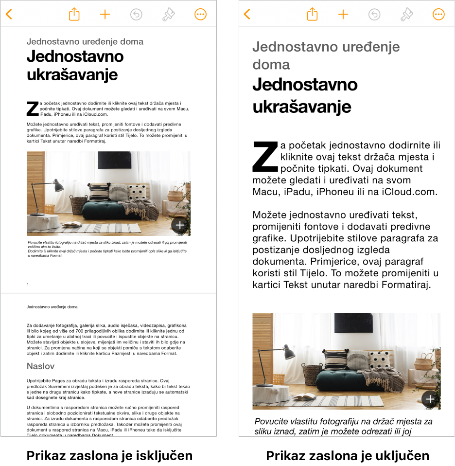 Dva prikaza istog dokumenta aplikacije Pages, jedan s Prikazom zaslona uključenim i jedan s Prikazom zaslona isključenim.