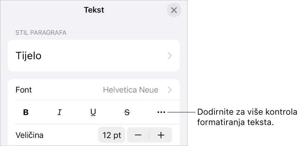 Kartica Tekst u kontrolama formatiranja, s oblačićem na tipku Dodatne opcije teksta.