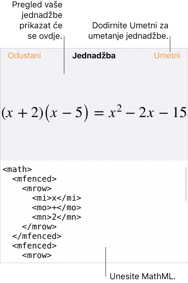 Dijaloški okvir Jednadžba koji prikazuje jednadžbu napisanu korištenjem MathML naredbi i prikaz gornje formule.