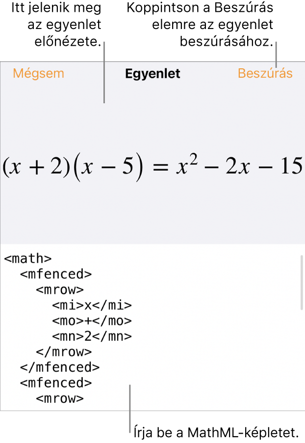 Az Egyenlet párbeszédpanel, amelyen egy, a MathML-parancsok használatával írt egyenlet, felül pedig az egyenlet előnézete látható.