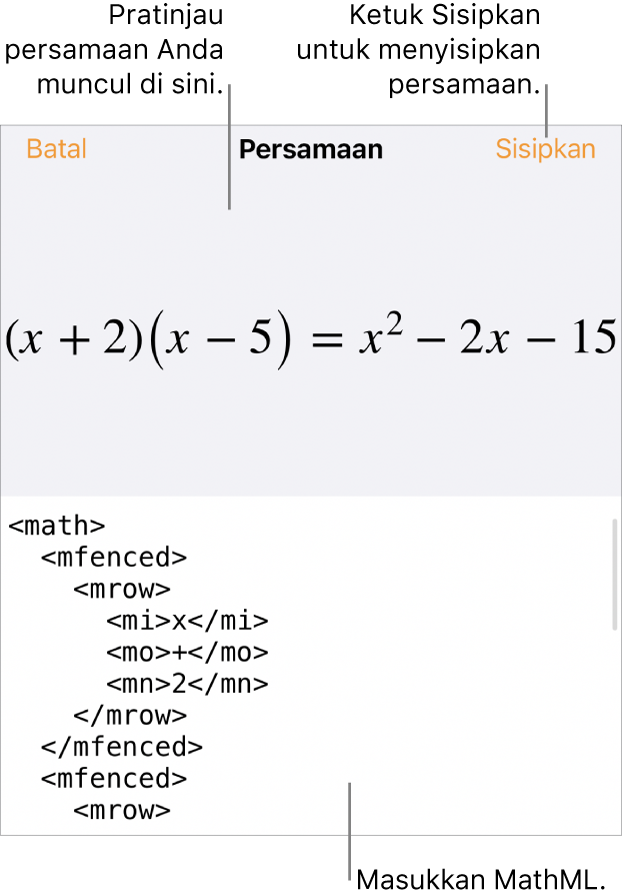 Dialog Persamaan, menampilkan sebuah persamaan ditulis menggunakan perintah MathML, dan pratinjau formula di atas.