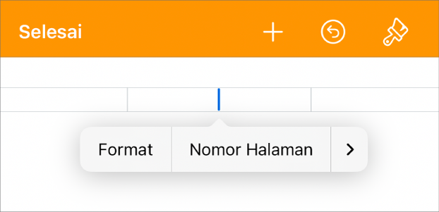 Jendela Pengaturan Dok dengan titik penyisipan di bidang header dan menu pop-up dengan dua item menu: Nomor Halaman dan Sisipkan.
