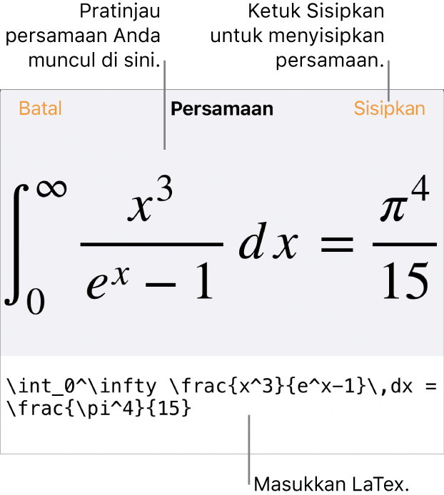 Dialog Persamaan, menampilkan sebuah persamaan ditulis menggunakan perintah LaTex, dan pratinjau formula di atas.