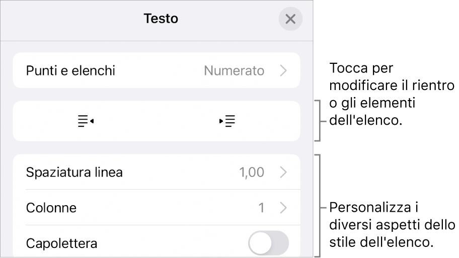 Il menu “Modifica stili elenco” con i controlli per la spaziatura dei rientri, i diversi tipi di elenchi e formati, i numeri in pila e le opzioni per “Spaziatura linea”.