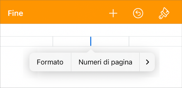 La finestra “Configurazione documento” con il punto di inserimento in un campo di intestazione e un menu a comparsa con due elementi: “Numeri di pagina” e Inserisci.