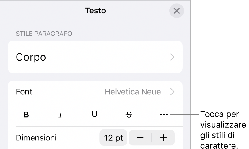 I controlli di Formattazione con i pulsanti Grassetto, Corsivo, Sottolineato, Barrato e “Altre opzioni di testo”.