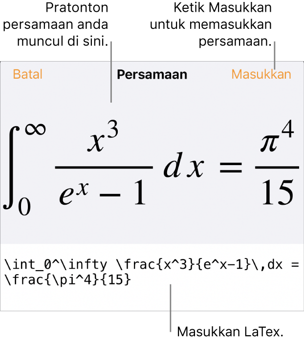 Dialog Persamaan, menunjukkan persamaan yang ditulis menggunakan perintah LaTex manakala pratonton formulanya di atas.