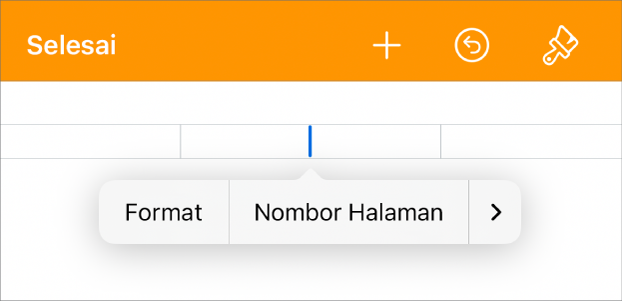 Tetingkap Persediaan Dok dengan titik sisipan dalam medan pengepala dan menu timbul dengan dua item menu: Nombor Halaman dan Masukkan.