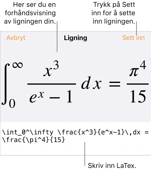 Ligning-dialogruten, som viser en formel skrevet med LaTex-kommandoer, og en forhåndsvisning av formelen ovenfor.