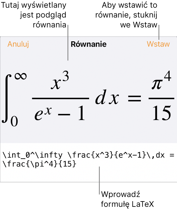 Pole dialogowe Równanie, zawierające równanie zapisane przy użyciu języka LaTeX. Powyżej widoczny jest podgląd tego równania.