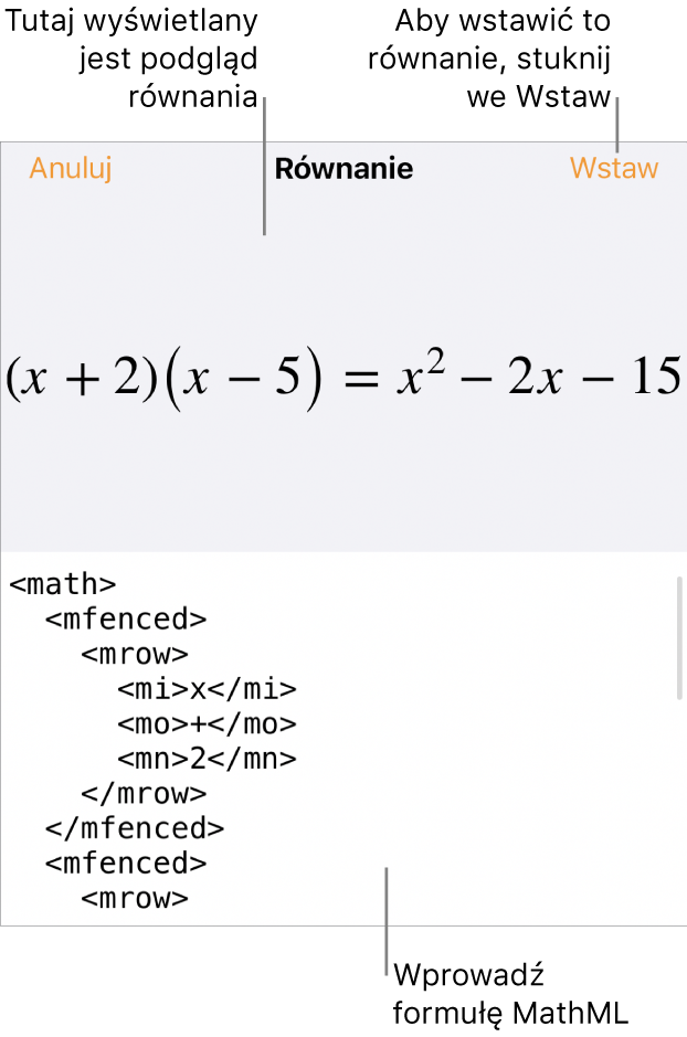 Pole dialogowe Równanie, zawierające równanie zapisane przy użyciu języka MathML. Powyżej widoczny jest podgląd tego równania.